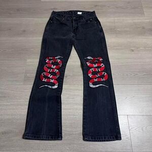Vintage 90s Harley Davidson Snake Embroidered Bootcut Faded Black‎ Denim Jeans